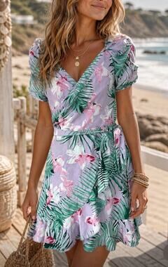 Revamped Coastal Boho Tropical Floral Wrap mini Dress Ruffle boho vacation S